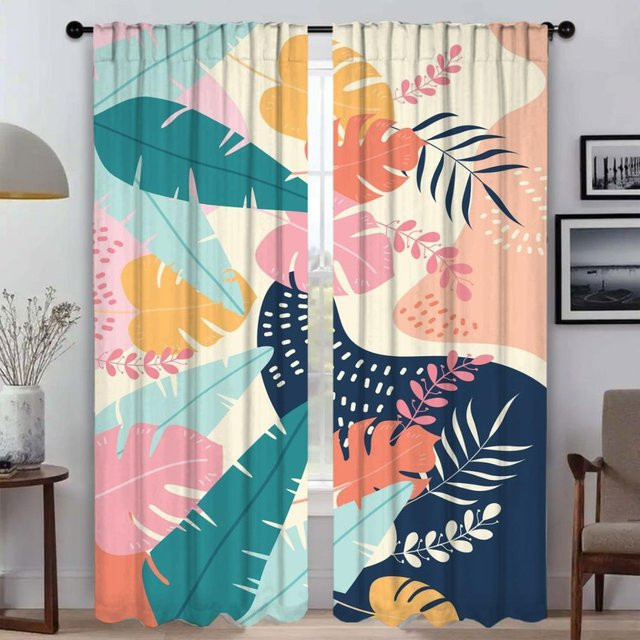 Semi-transparente Tüll-Innenvorhänge mit Blumen- und Blattmuster von Household supplies MH, 2er-Set, Mehrfarbig, Breite: 50 cm, Höhe: 70 cm - Bild 1