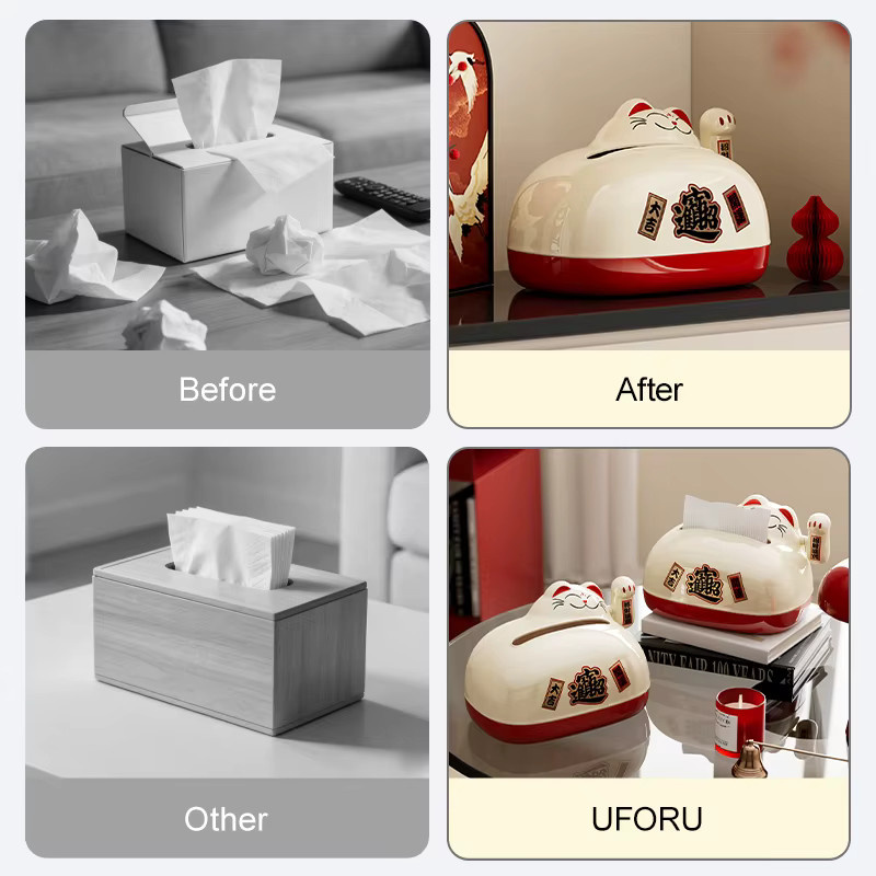UFORU Papierhandtuchbox aus Keramik in Weiß mit Glückskatzen-Design - Bild 6