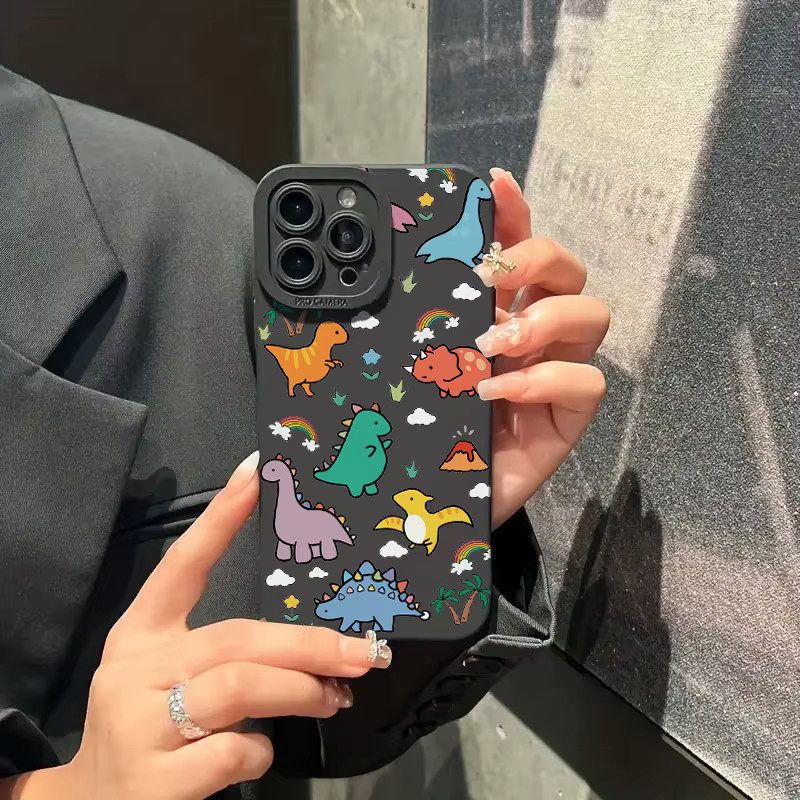 Bunte Handyhülle mit Cartoon-Dinosaurier und Blumen für iPhone 11 bis iPhone 17 Pro Max, weiche Abdeckung, Mehrfarbig - Bild 3