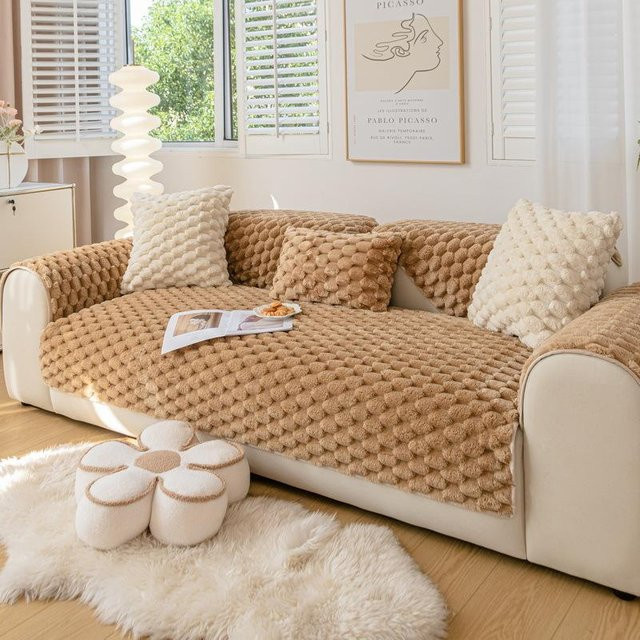 Winter-Sofabezug aus dickem Plüsch in Beige, rutschfeste Sofamatte für L-Sofas, Breite: 70 cm, Breite: 70 cm - Bild 1