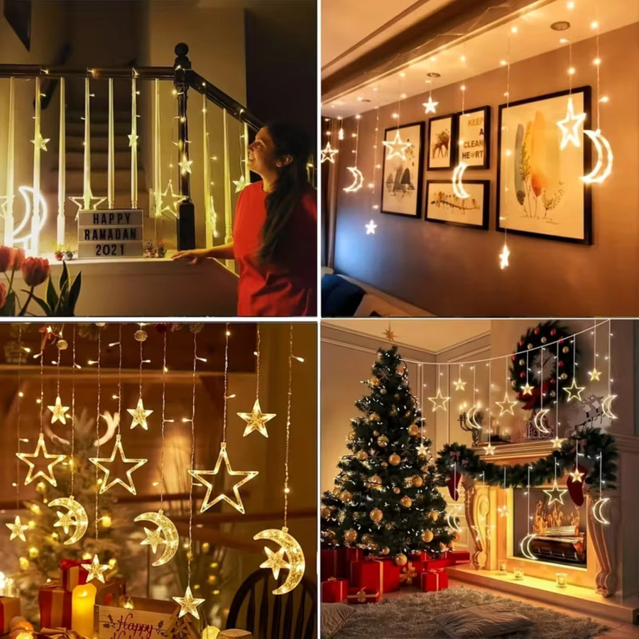 Leclstar LED Stern und Mond Lichterkette als Vorhang-Fee-Lampe, Mehrfarbig (RGB), batteriebetrieben, ideal für Weihnachts- und Neujahrsdekoration - Bild 5