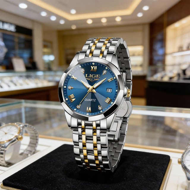 LIGE Armbanduhr Edelstahl, Quarz, Blau, Datum, Damen - Bild 1
