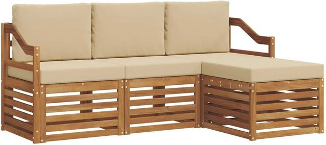 vidaXL Sofagarnitur 4-teilig aus Massivholz Akazie in Natur und Beige mit Sitz- und Rückenkissen im Latten-Design - Bild 1