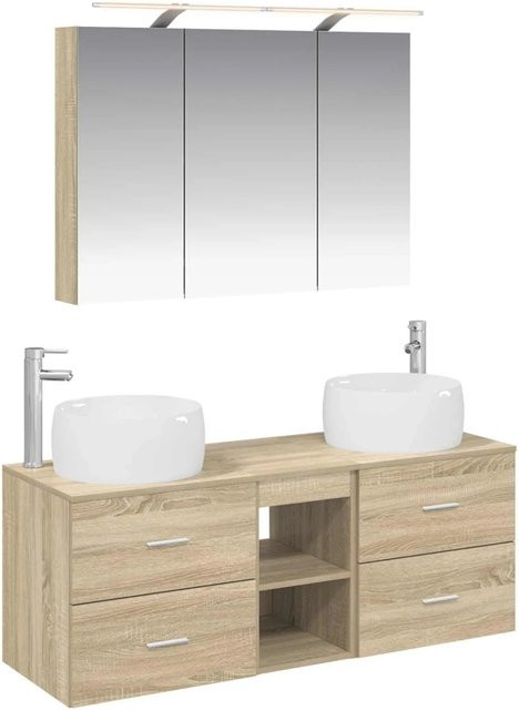 vidaXL Badezimmermöbel-Set 4-teilig in Sonoma-Eiche mit Waschtischunterschrank und Spiegelschrank inklusive LED-Beleuchtung, Braun - Bild 1