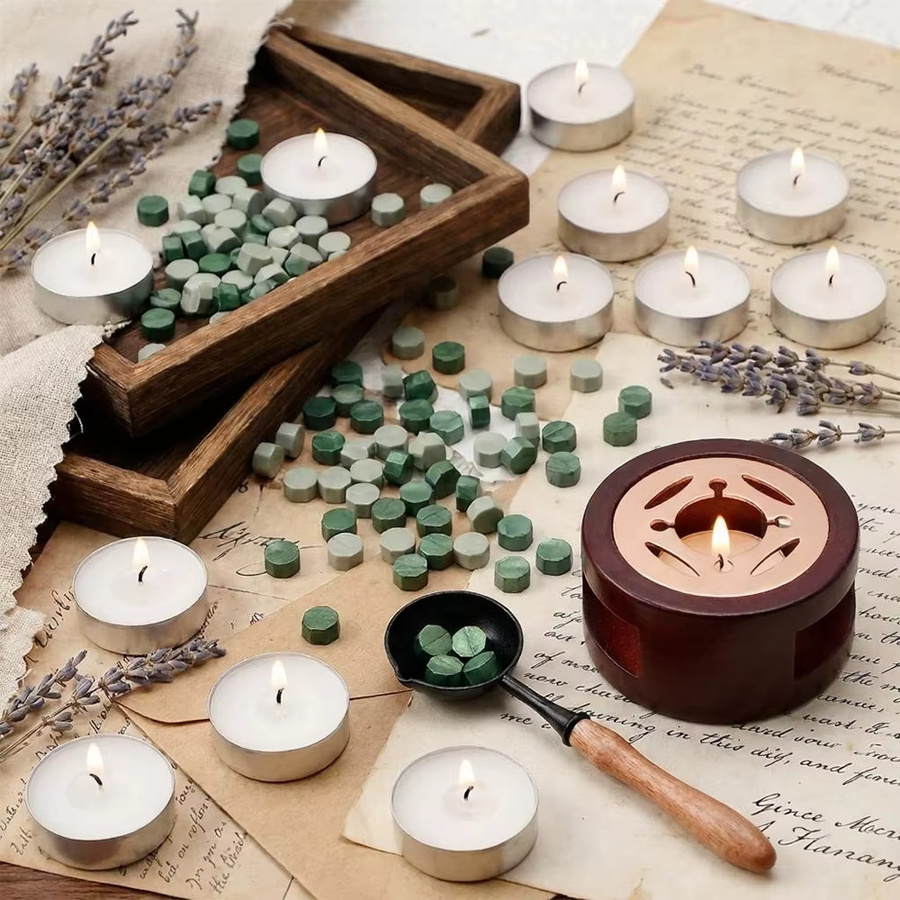 Siegelwachsperlen-Set in Weiß mit Wachssiegellackwärmer, Wachslöffel und 10 Teelichtern für DIY, Scrapbooking und Hochzeiten - Bild 5