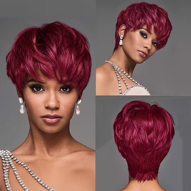 OYM HAIR Pixie-Schnitt-Perücke, burgunderrot, 100 % Echthaar, Damen - Bild 1