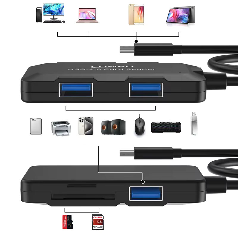 OULLX 5-Port USB 2.0 Hub mit Micro-SD TF Kartenleser und Datenübertragungskabel, USB Kombi Konverter Adapter in Schwarz - Bild 3