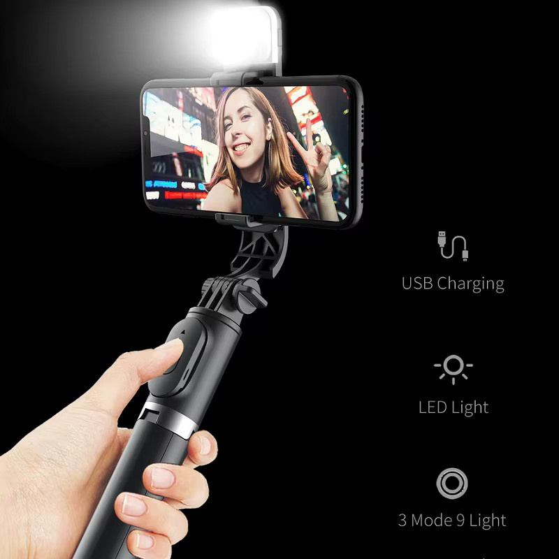 VORTNGLE Bluetooth Selfie-Stick mit Stativ und LED-Fülllicht, faltbares Gimbal-Stativ mit Fernauslöser für iPhone und Xiaomi in Schwarz oder Weiß - Bild 2