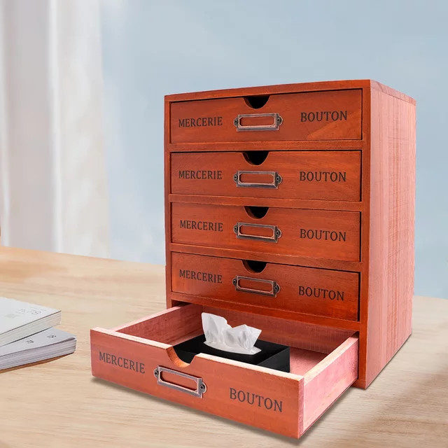 Bymaocar Holz-Schreibtischorganizer mit 5 Schubladen in Braun im Vintage-Design mit Etikettenfächern - Bild 1