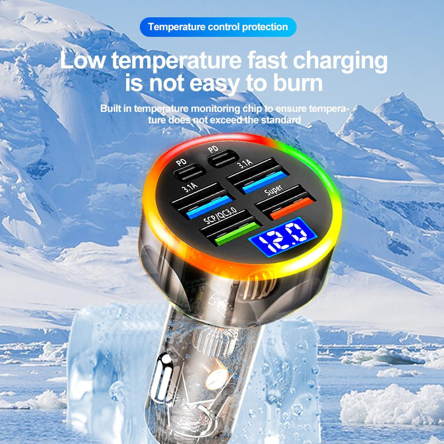 YJMP Auto Parts 200W Autoladegerät mit 6 Ports, PD QC3.0 Schnellladegerät für USB-C, Schwarz - Bild 3