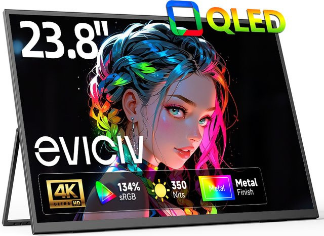 EVICIV 23,8 Zoll 4K QLED tragbarer Monitor Ultra HD, 3840 x 2160 Pixel, 135% sRGB, 350 Nits, Freesync, USB-C, Schwarz - Bild 1
