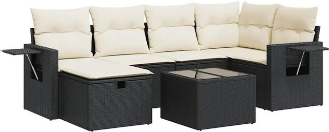 vidaXL 7-teilige Garten-Sofagarnitur in L-Form mit Kissen und Polyrattan in Schwarz - Bild 1