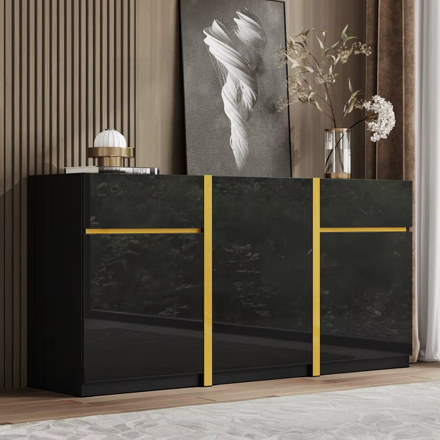 PINGGO Hochglanz-Sideboard in Schwarz mit 3 Türen und 2 Schubladen für Wohnzimmer und Esszimmer - Bild 5
