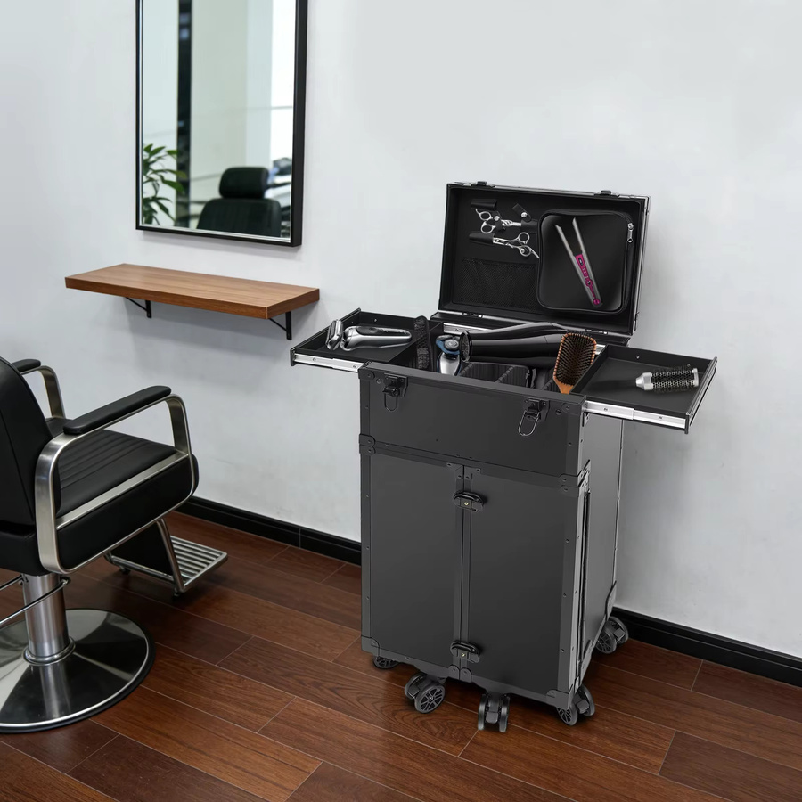 Bymaocar Rollkoffer für Make-up und Kosmetik in Schwarz mit 6 Rollen und Schubladen-Organizer aus Aluminium und ABS - Bild 4