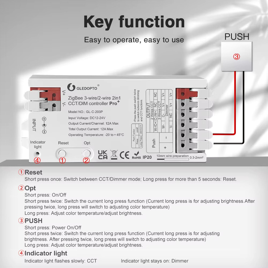 GLEDOPTO ZigBee 3.0 Pro+ 2-in-1 CCT Dimmer LED-Streifen-Controller für DC12-24V mit max. 12A, kompatibel mit Alexa und Homey App-Steuerung - Bild 3