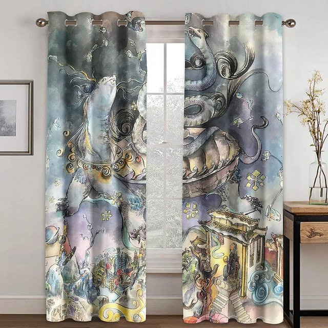 Zweiteiliger Vorhang mit traditionellem chinesischem Tiermuster in Violett, semi-transparent mit 3D-Digitaldruck für Wohnzimmer und Schlafzimmer, B: 50 cm, H: 130 cm - Bild 1