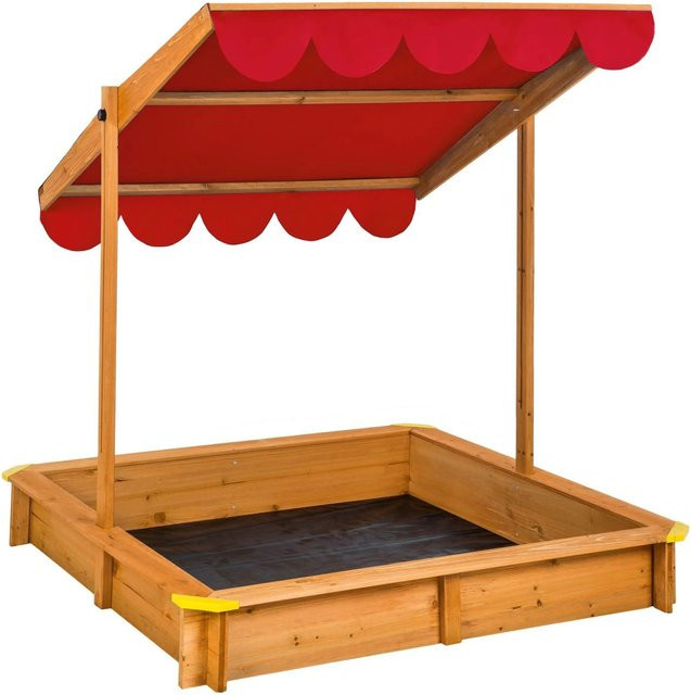 Tectake Sandkasten Emilia aus Tannenholz mit verstellbarem Dach und Sitzflächenrand, Rot, B/T/H: 120 x 120 x 120 cm - Bild 1