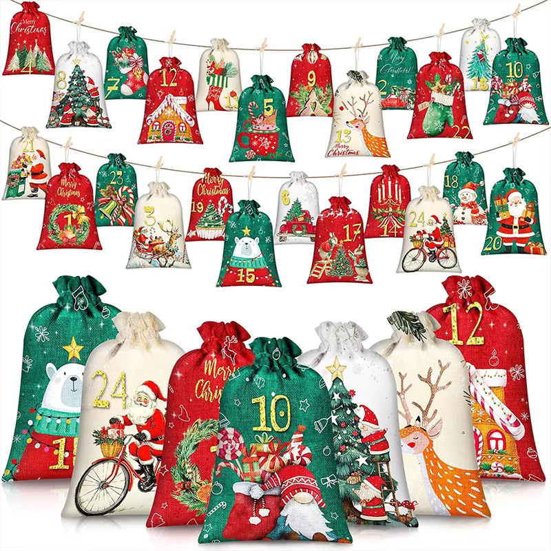 24-teiliges Adventskalender-Set aus Leinen mit Kordelzug in Multicolour für Weihnachtsgeschenke und Süßigkeiten - Bild 3