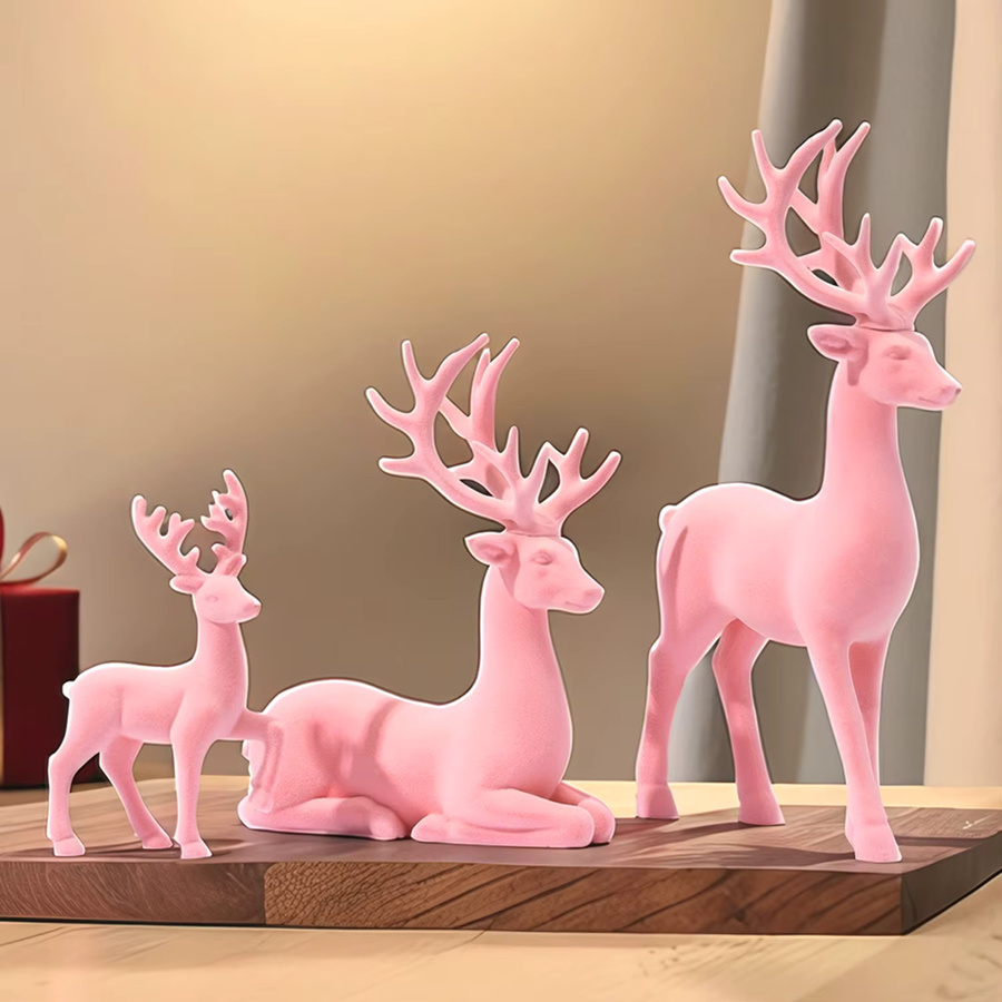 GUGUGUHOME Weihnachtsdekoration Set aus 3 Figuren, Rentier und Elch in Rosa und Weiß, Tischdekoration aus Kunstharz - Bild 2