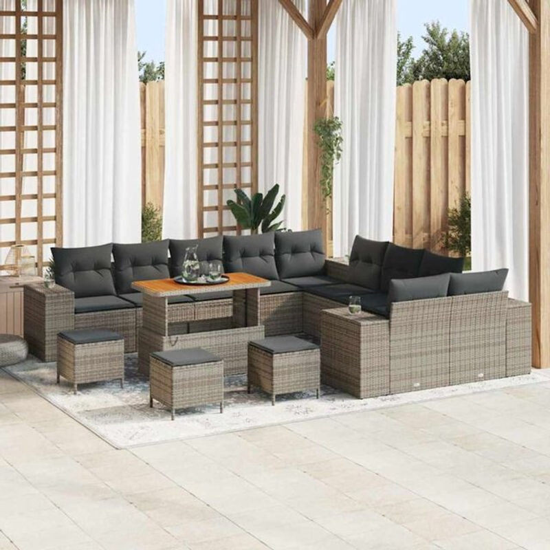 Vidaxl Garten-Sofa-Set aus Poly-Rattan in Grau, 13-teiliges höhenverstellbares Loungemöbel-Set mit Metall- und Holzdetails - Bild 1