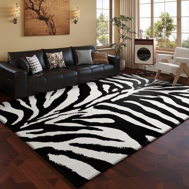 Syw Two Teppich mit Schwarz-Weiß-Zebra-Muster, weicher Plüschbodenmatte aus Polyester für Wohnzimmer und Schlafzimmer, B/T: 120 x 80 cm - Bild 1