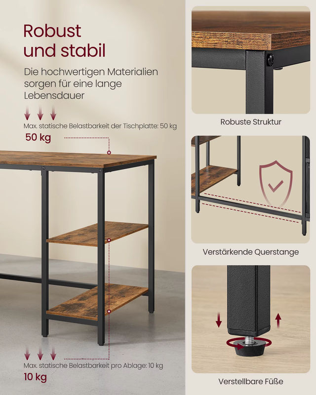 Vasagle Schreibtisch mit 3 Ablagen in Braun-Schwarz, B/T/H: 140 x 60 x 76 cm - Bild 5