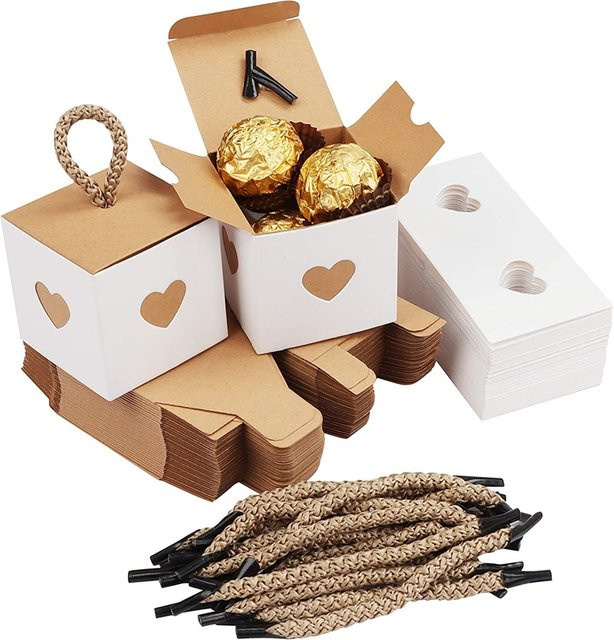 Mini Herz Geschenkboxen aus Kraftpapier in Weiß und Braun mit Schnurgriffen für Hochzeit und Party - Bild 1