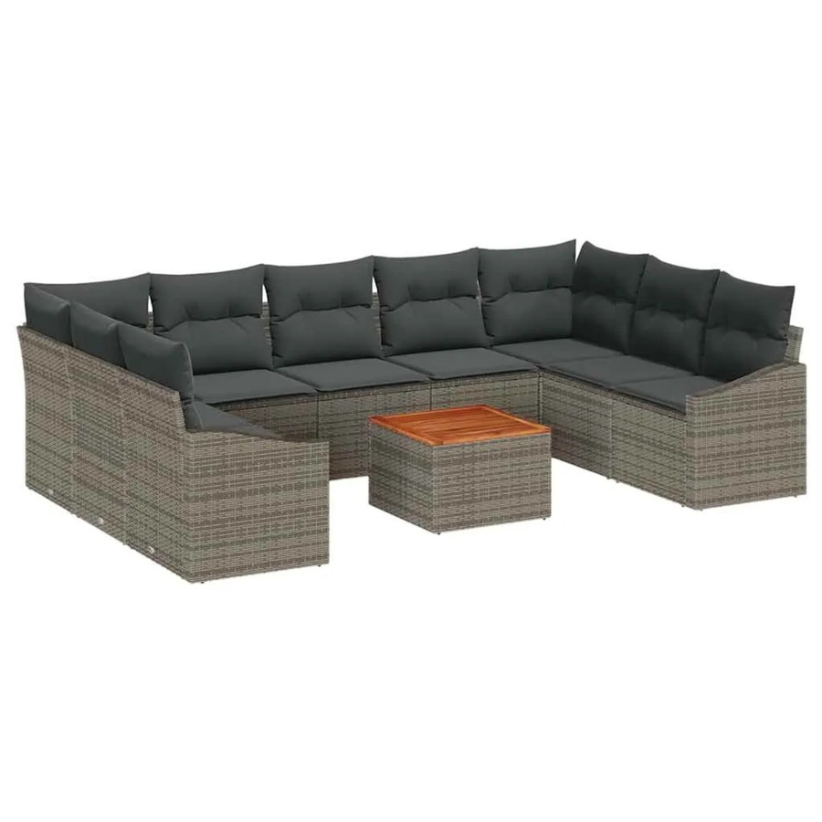 vidaXL Garten-Sofa-Set aus Poly Rattan in Grau mit Kissen und Tisch, 10-teiliges U-Shape Lounge-Set mit pulverbeschichtetem Stahlgestell - Bild 2