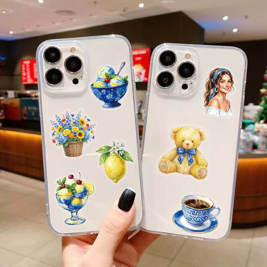 50 Stück BulingBulingStickers Store Transparente PET-Aufkleber im Blau-Gelben Aquarell-Landhausstil für DIY-Dekorationen von Handyhüllen und Tagebüchern - Bild 3