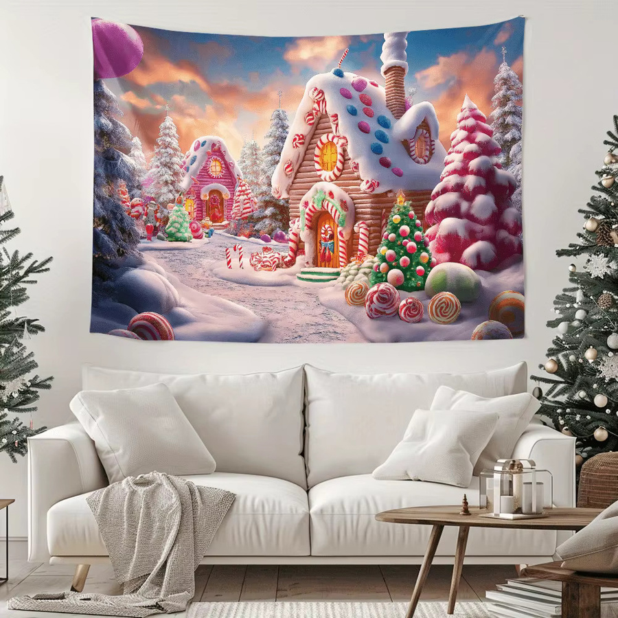 VIKAMA Weihnachts-Wandteppich mit Motiv Süßigkeitshaus und Blockhütte, Mehrfarbig, B: 60 cm, H: 40 cm - Bild 2