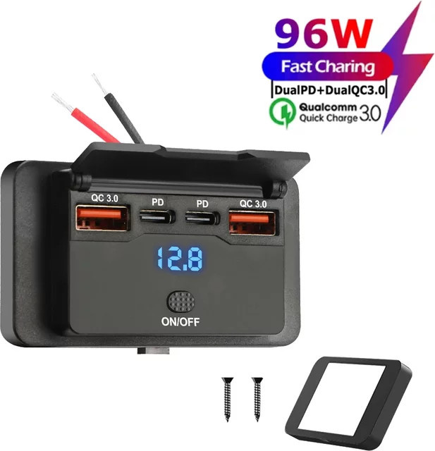 KEBETEME USB-Autoladegerät mit 4 Ports, 96 W Schnellladegerät mit Dual PD und Dual QC 3.0, Schwarz, für 12 V/24 V Auto, Boot, Bus, RV und LKW - Bild 1