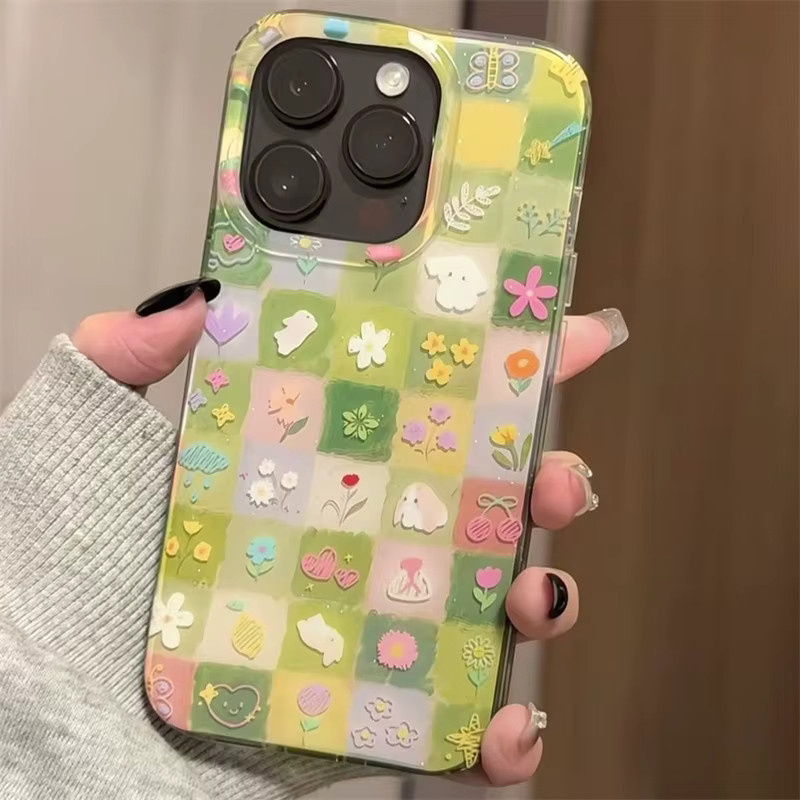 HAPPEE Handyhülle mit Kette für iPhone 11 bis 17 Pro Max in Grün mit Grasgittermuster und Blumen-Design - Bild 2