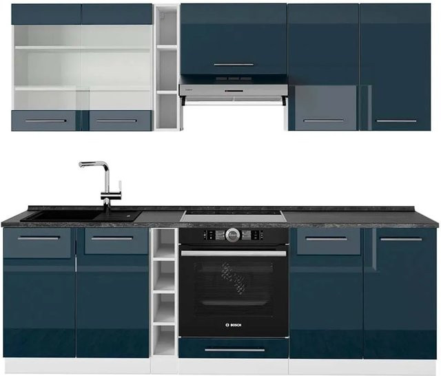 Vicco Küchenzeile Fame-Line in Weiß und Dunkelblau Hochglanz mit Arbeitsplatte in Anthrazit, Breite: 235 cm - Bild 2