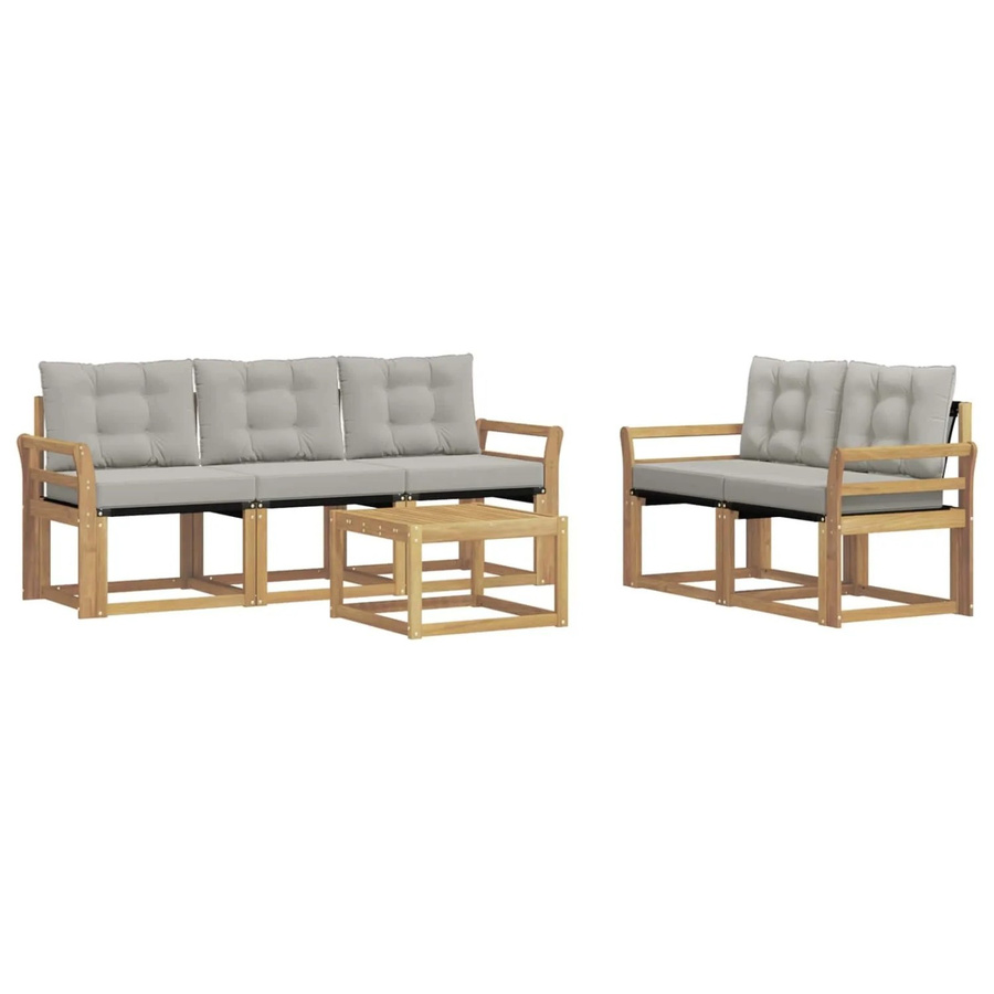 vidaXL Outdoor-Sofagarnitur 6-teilig aus massivem Akazienholz mit Textilene und Kissen in Weiß-Hellgrau - Bild 2