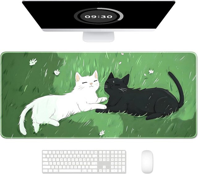 Cute Cat XXL Gaming-Mauspad in Grün, rutschfest und mit genähten Kanten für Desktop-, Laptop- und kabellose Mäuse - Bild 1