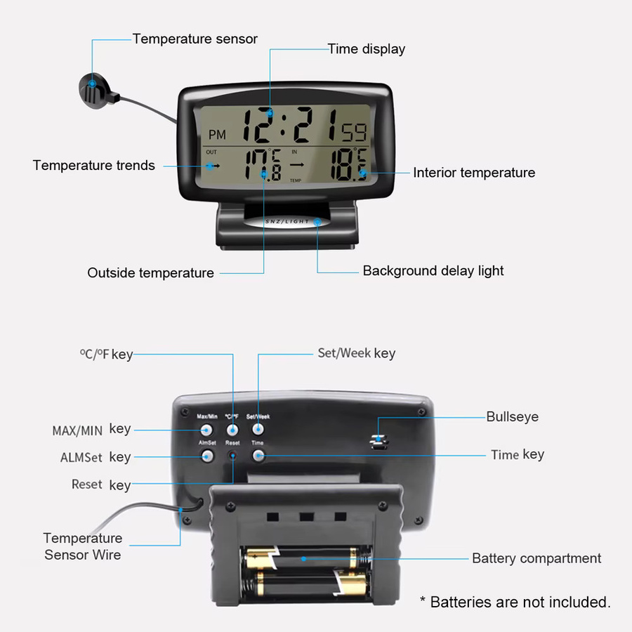 KKMOON 2-in-1 Auto-Uhr und digitales Thermometer mit hintergrundbeleuchtetem LCD-Display in Schwarz - Bild 4