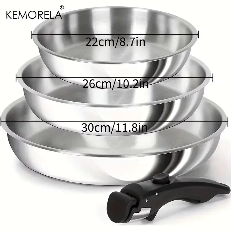 KEMORELA Bratpfannenset aus Edelstahl 316 in Silber mit abnehmbarem Griff und Dreifachbasis für Gasherde - Bild 4