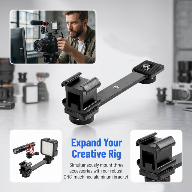 Andoer Cold Shoe Halterung Verlängerungsstange mit dreifachem 1/4 Zoll und 3/8 Zoll Gewinde in Schwarz für Gimbal, Stabilisator, Stativ und Kamera - Bild 1