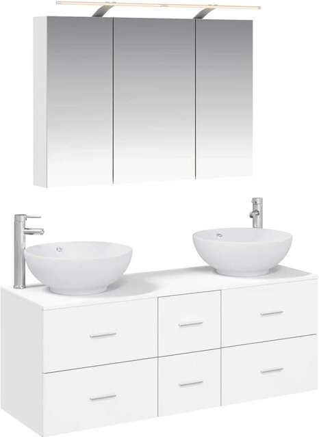 vidaXL Badezimmermöbel-Set 4-teilig in Weiß, modern mit LED-Beleuchtung, Spiegelschrank, Waschtischunterschrank und Seitenschrank aus Holz und Glas - Bild 1