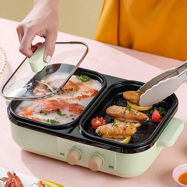 Multifunktionaler elektrischer Shabu Topf und Bratpfanne 2-in-1 von Hobbies mall in Grün mit Antihaftbeschichtung - Bild 1