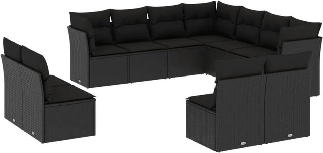 vidaXL 11-tlg Garten-Sofagarnitur in U-Form aus schwarzem Poly-Rattan mit Sitzkissen und Rückenkissen - Bild 1