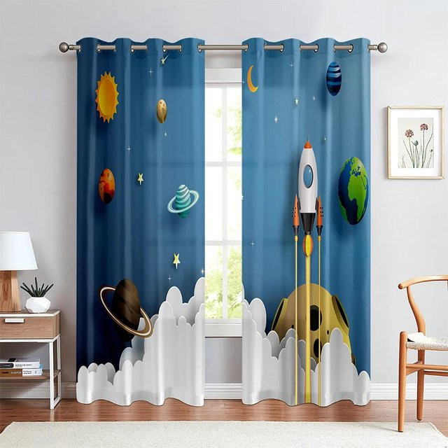 Niedliche Weltraum Vorhänge mit Cartoon-Astronauten, Raketen und Planeten, Blau, B: 50 cm, H: 130 cm, 2er-Set mit Ösen - Bild 1