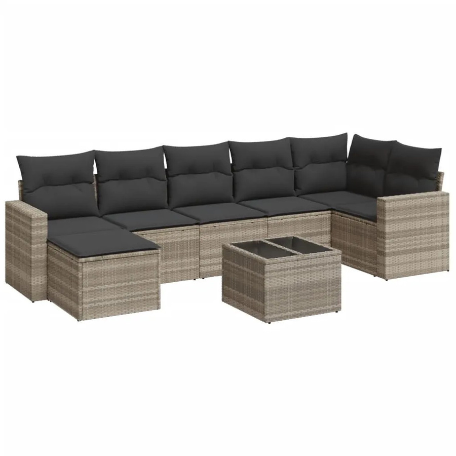 vidaXL 8-teilige Garten-Sofagarnitur in L-Form aus Poly Rattan mit Kissen und Couchtisch in Hellgrau - Bild 2