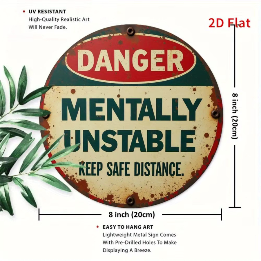 Rundes Metallwarnschild von Potdemiel im Vintage-Stil mit der Aufschrift Gefahr mental instabil in Grün und Gelb mit Blattakzenten, Durchmesser: 20 cm - Bild 2