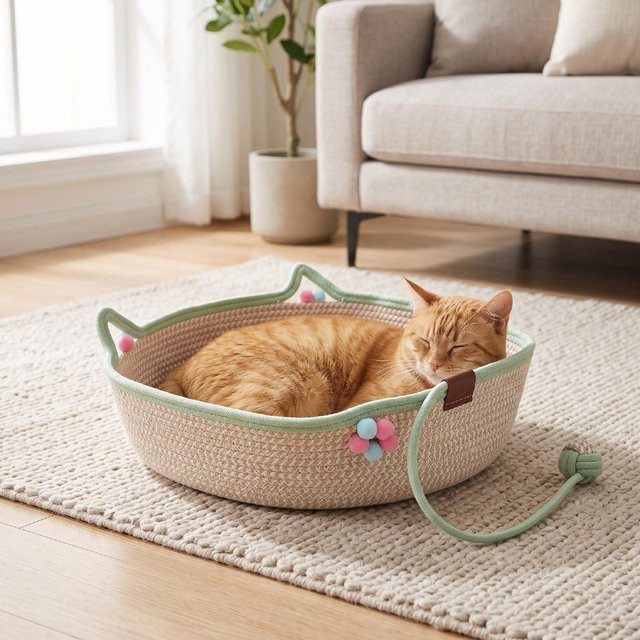 Igeteck Geflochtenes Katzenkorbbett Rund aus Baumwollseil in Beige mit integriertem Spielzeug im Boho-Stil - Bild 1