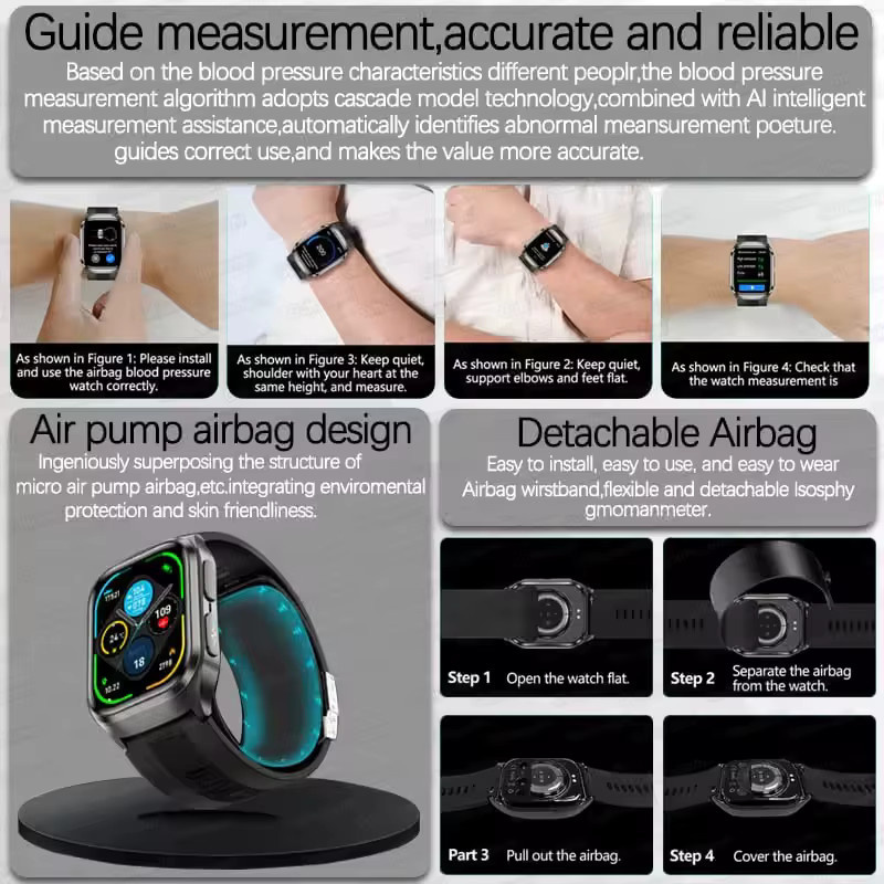 GUHUAVMI Gesundheits-Smartwatch mit Blutdruckmessung, Harnsäure- und Blutfettmessung, wasserdicht, für Herren und Damen in Schwarz und Rot - Bild 3