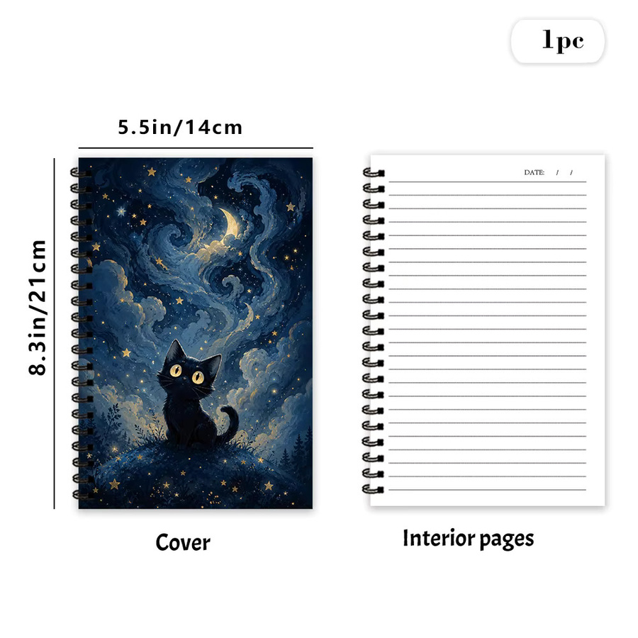 Notizbuch Sternenhimmel Schwarze Katze mit Blanko-Linienblättern, A5, Schwarz und Blau - Bild 2