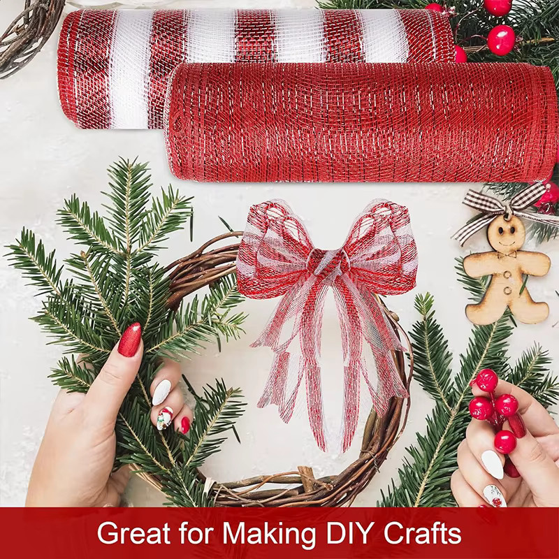 Weihnachtsband Set aus Metallic-Poly mit Draht für DIY-Dekoration und Verpackung, 10 Yard, Farben: Rot, Grün, Weiß - Bild 3