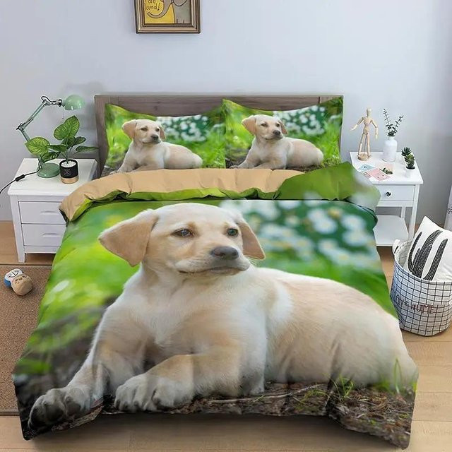 Golden Retriever Bettwäsche Set aus Mikrofaser mit 3D-Tierprint für Queen Size, B/H: 210 x 210 cm, Farbe: Grün - Bild 1