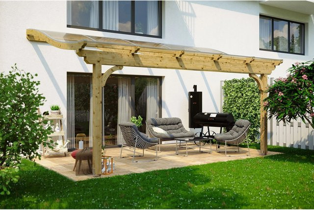 Skan Holz Terrassenüberdachung Verona aus Leimholz in Natur und Beige mit Polycarbonat-Dach, B/T: 541 x 339 cm - Bild 1